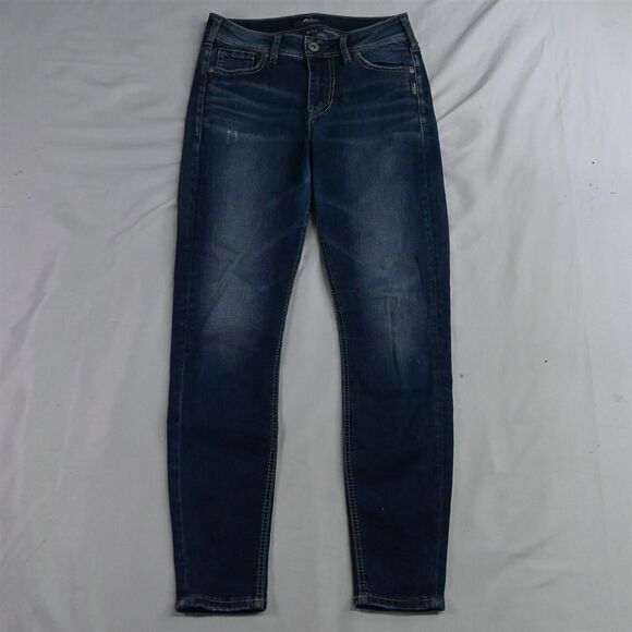 Silver 26 x 27 Mazy Skinny Medium Wash Stretch Destroyed Denim Womens Jeans‎ - Picture 1 of 9
